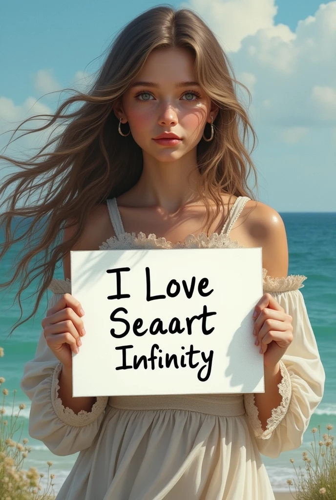 Beautiful girl with wavy long hair, bohemian dress, holding a white board with text "I Love Seaart Infinity" and showing it to the viewer
