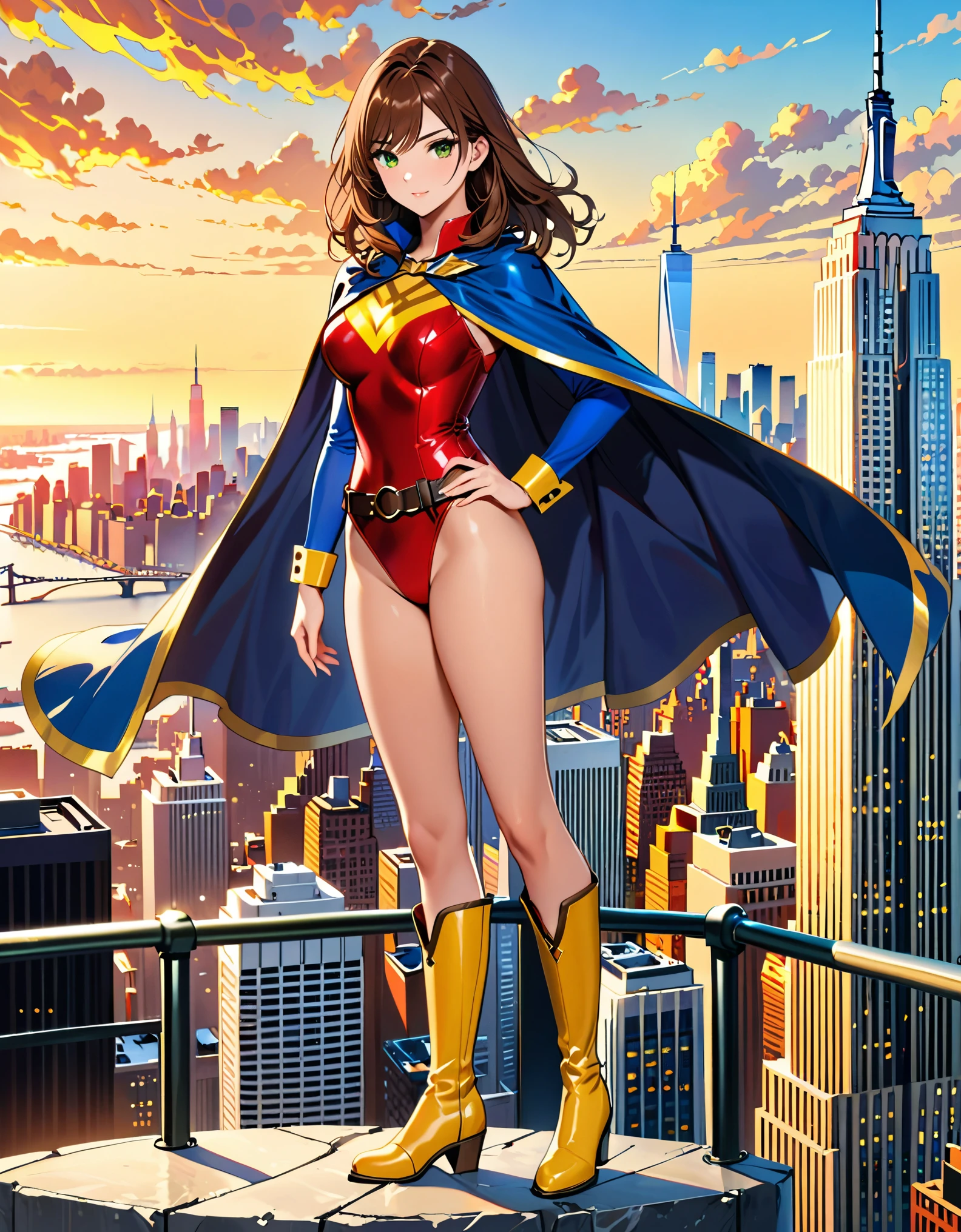 (masterpiece), (best quality), (high res), 1lady, tall body, highly detailed, professional, beautiful detailed eyes, beautiful detailed face, perfect hands, complete fingers, perfect anatomy, perfect proportions, ((brown hair, medium hair, hair down)), ((green eyes)), ((leotard, (red leotard), matching leotard)), (bare legs), (boots, matching boots, knee-high boots, yellow boots), breasts, medium breasts, (full body portrait), looking at viewer, solo, solo focus, standing, one hand on hip, cowboy shot, new york backdrop, ((fastened tight belt)), (blue sleeves, yellow cuffs), ((yellow hawk /(symbol/)) on chest), ((medium cape, (blue cape))), full body costume design.