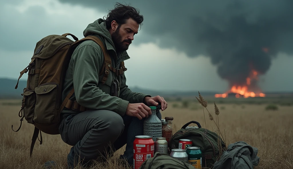 Make a person packing a backpack preparing for the Apocalypse