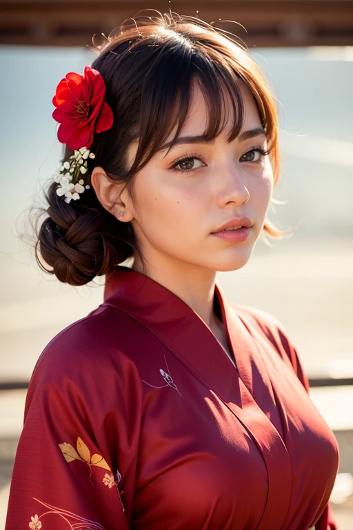 best quality, ultra high res, photoshoot, (photorealistic:1.4), [:(highly detail face: 1.2):0.1], (PureErosFace_V1:0.8 ), closed up portrait of an elegant girl wearing gorgeous red flower kimono and flower in hair, 21yo girl, (temple background:1.1), looking at viewer, facing front, wide angle, full body, 