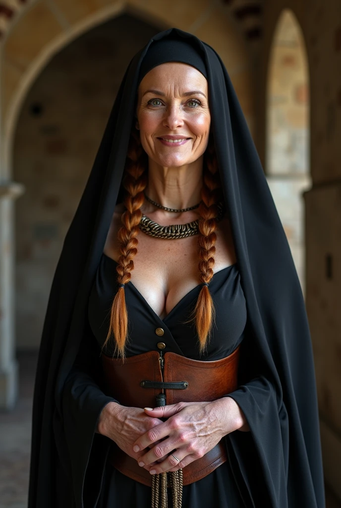 60 years old beautiful woman, double chin, wrinkled face, skin imperfections, freckles, astonishing ????? nudist fetish nun, standing up, elegant, holdinh a whip, ??????? tools in the background, veil, lifting up gown right enough to expose a little of her lovely ??????, sexy face, sexy, voluptuous, huge heavy enormous gigantic breasts, round cute sweet face, ?????? transport expression, round sexy ass, kawaii girl, look at viewer, sexy femdom, sweet lovely candid expression, ?????? clothes, light_brown leather micro corset, stockings, ??????????, in an ancient castle, large breasts, nice nipples, excited, inviting big promising smile, ginger hair, two braids, hyper detailed realistic scene, closeup shot, dynamic natural pose,