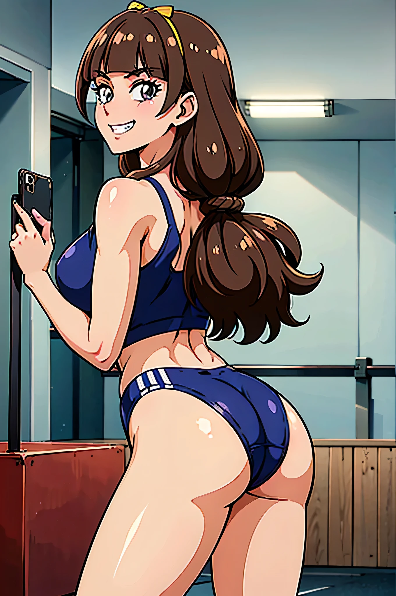 1 girl, (solo), ((amanogawaki)), best quality, highres, high quality, 8k, HD, super detail, anatomically correct, UHD, accurate, (masterpiece:1.0), (high quality:1.0), (ultra detailed), ((Adult:1.2)), Looking at viewer, (smug grin), wearing gym_outfit, inside gym, back view, taking a selfie