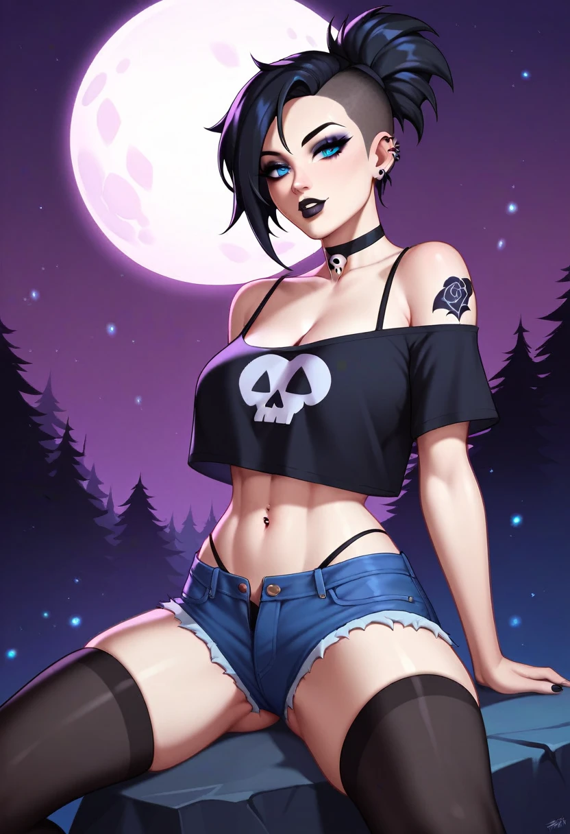 score_9, score_8_up, score_7_up, score_6_up, score_5_up, score_4_up, highest_quality, masterpiece, 1girl, black hair, blue eyes, female, spiky ponytail, goth, black lipstick, black crop-trop t-shirt, off-the-shoulder shirt, long-sleeve shirt, shoulders visible, skull logo on shirt, denim shorts, underbutt, black thigh high socks, B-cup breasts, minor cleavage, in dense forest, night time, full moon, foggy, flirty expression, high rise thong, presenting cleavage, parted lips, black choker, black rose tattoo on shoulder, black spaghetti straps, toned stomach, ghostly pale skin, sitting on large rocks, simple makeup, catwing eyeliner