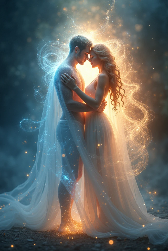 Create a fantasy image of an Aquarius man and Gemini in love 