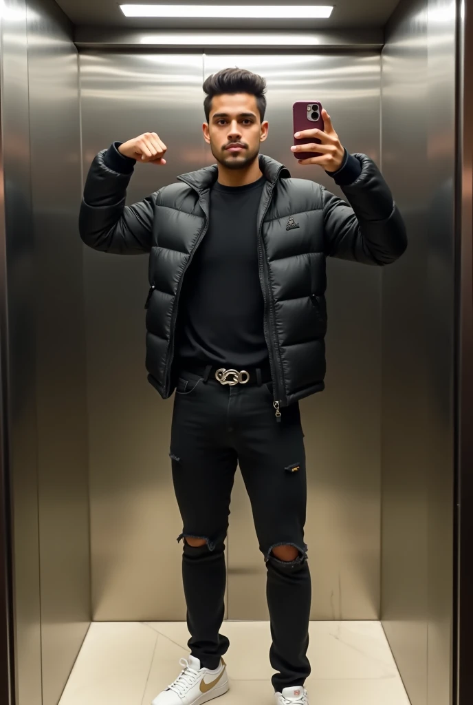  Man hindu with NOT long straight hair combed on both sides, dressed in white nike sneakers, black ripped jeans, BLACK buttoned puffer jacket, Belt with silver MK buckle and small black shoulder bag, he must to take a picture of himself in the mirror of lift on his iphone 12 in burgundy case, his arms are flexing his biceps