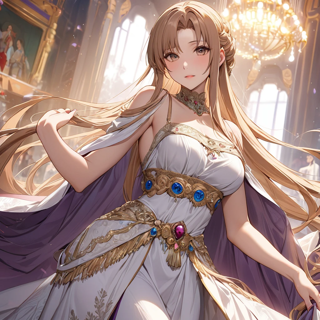 ((Highest quality)), ((masterpiece)), (detailed), (Perfect Face)、The woman is Yuuki Asuna, a Russian with light brown, semi-long hair.、The woman is wearing a Russian national dress.、The woman is beautifully dressed in a gorgeous and glamorous evening dress of an ancient Russian empress and accessorized with luxurious accessories.