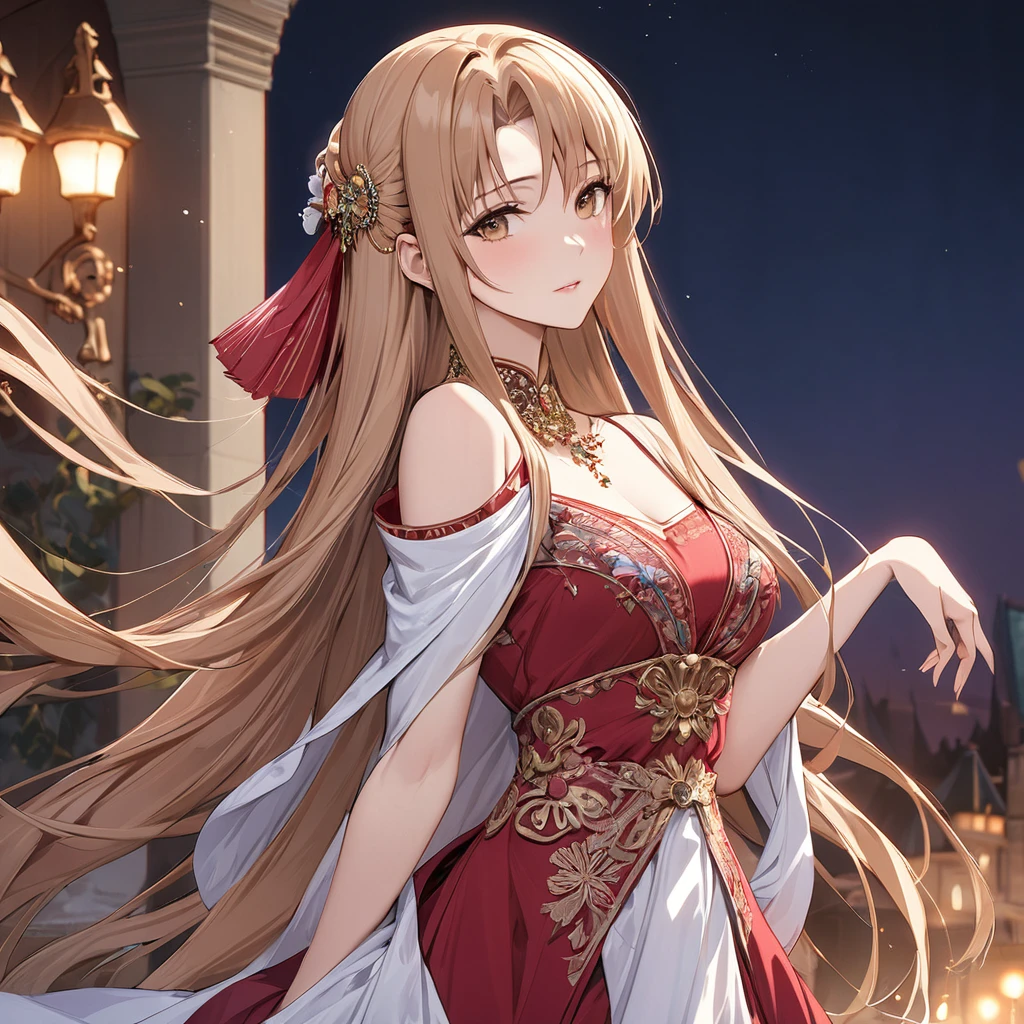 ((Highest quality)), ((masterpiece)), (detailed), (Perfect Face)、The woman is Yuuki Asuna, a Russian with light brown, semi-long hair.、The woman is wearing a Russian national dress.、The woman is beautifully dressed in a gorgeous and glamorous evening dress of an ancient Russian empress and accessorized with luxurious accessories.