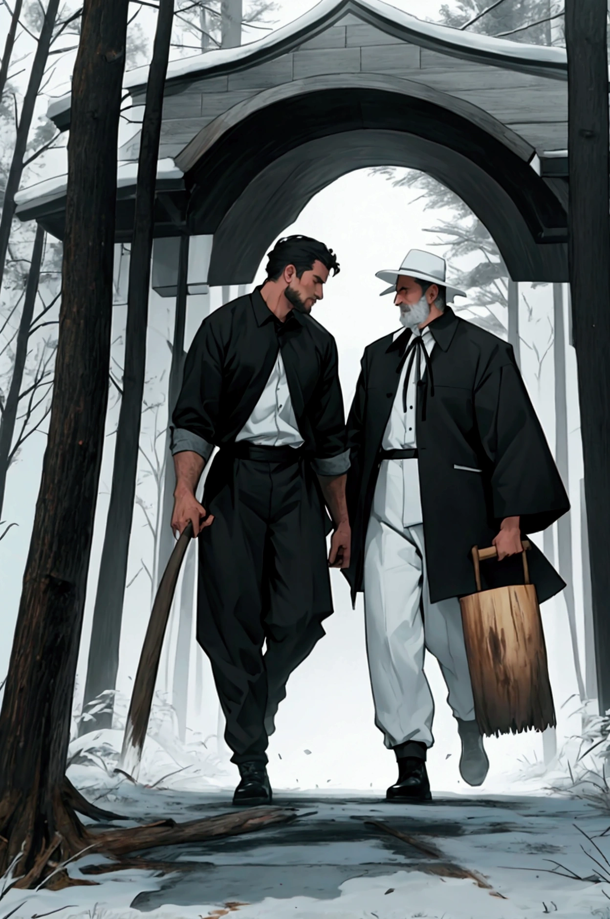 white and black image,   a man chopping wood receiving a visit from another mysterious man 