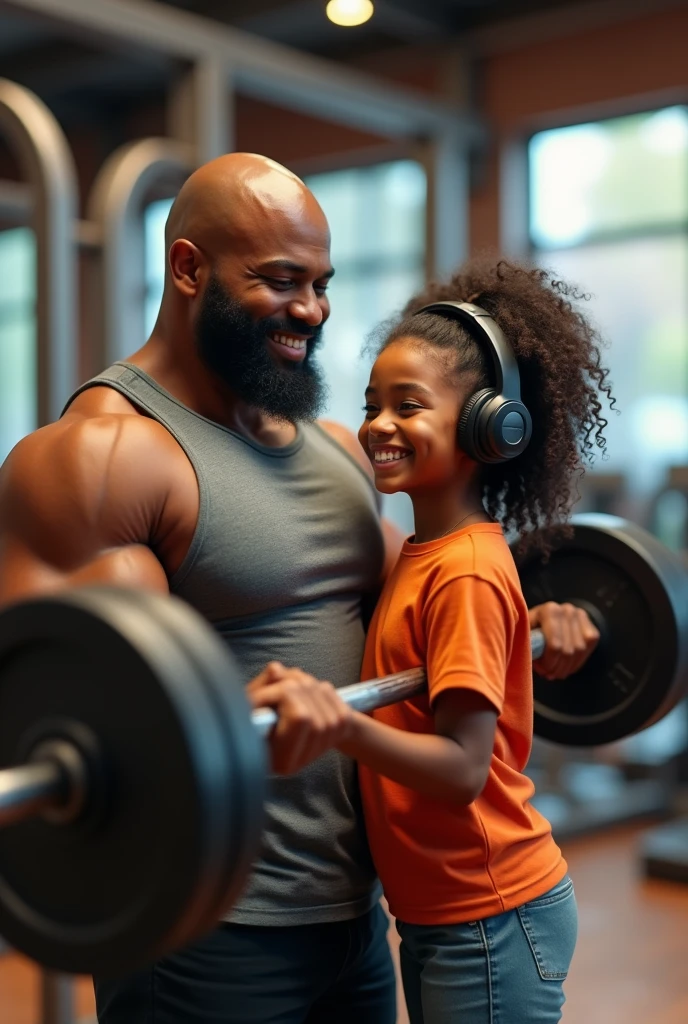 Chubby bald black man lifting weights in a gym with his brown-skinned, wavy-haired daughter who is wearing headphones