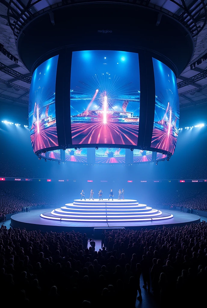 Make me an image of a modern stage without a catwalk with several screens for my tour that is giant with curved screens and that is in the Allianz Parque stadium