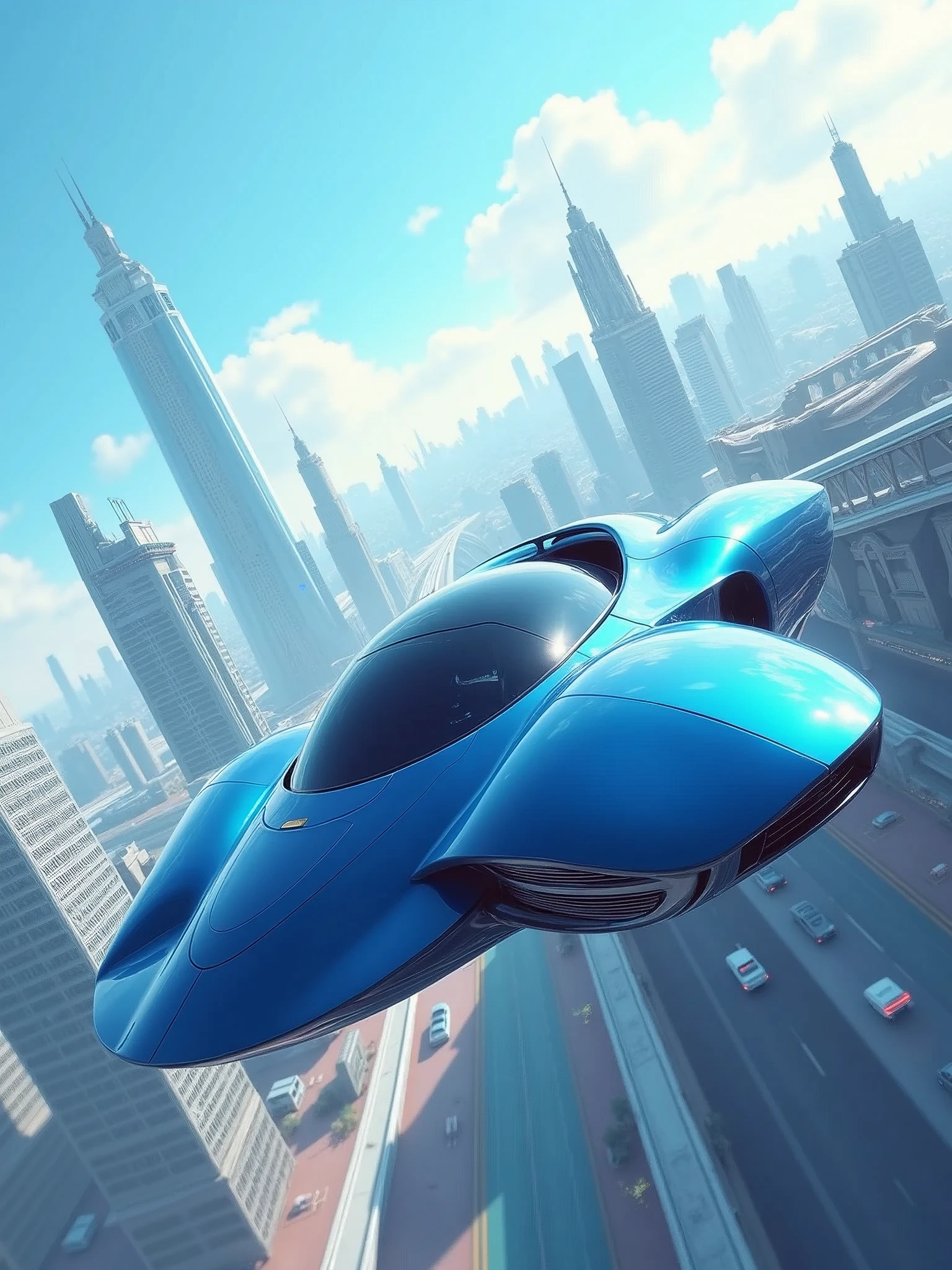 car, futuristic city, blue sky
