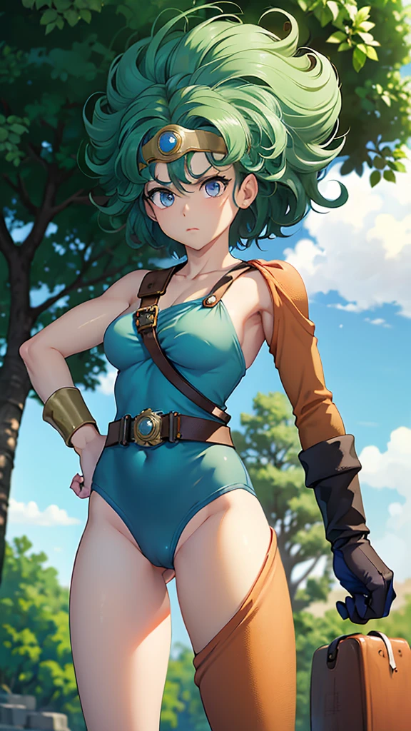 (((SFW、sound、Highest quality、Top notch work、Normal body、、Detailed face、Ultra-precision、Normal hand、のrefer、5refer、Highest)))、beautiful girl、Green Hair、yamato nadeshiko、Small breasts、Shortcuts、Blue leotard、Muscular、Black paleo skirt、Red Cape、Circlet、Dragon Quest、Female Heroes、 Fight、Fight準備完了、Sweep with a sword、Please put your hands together in front of you.、Place your hands behind your back、Please put your hands on your hips、cover your chest with your hands、((Executed perfectly:Frame yourself from head to toe,Standing posture,Draws in great detail、There is no anatomical problem))、forest