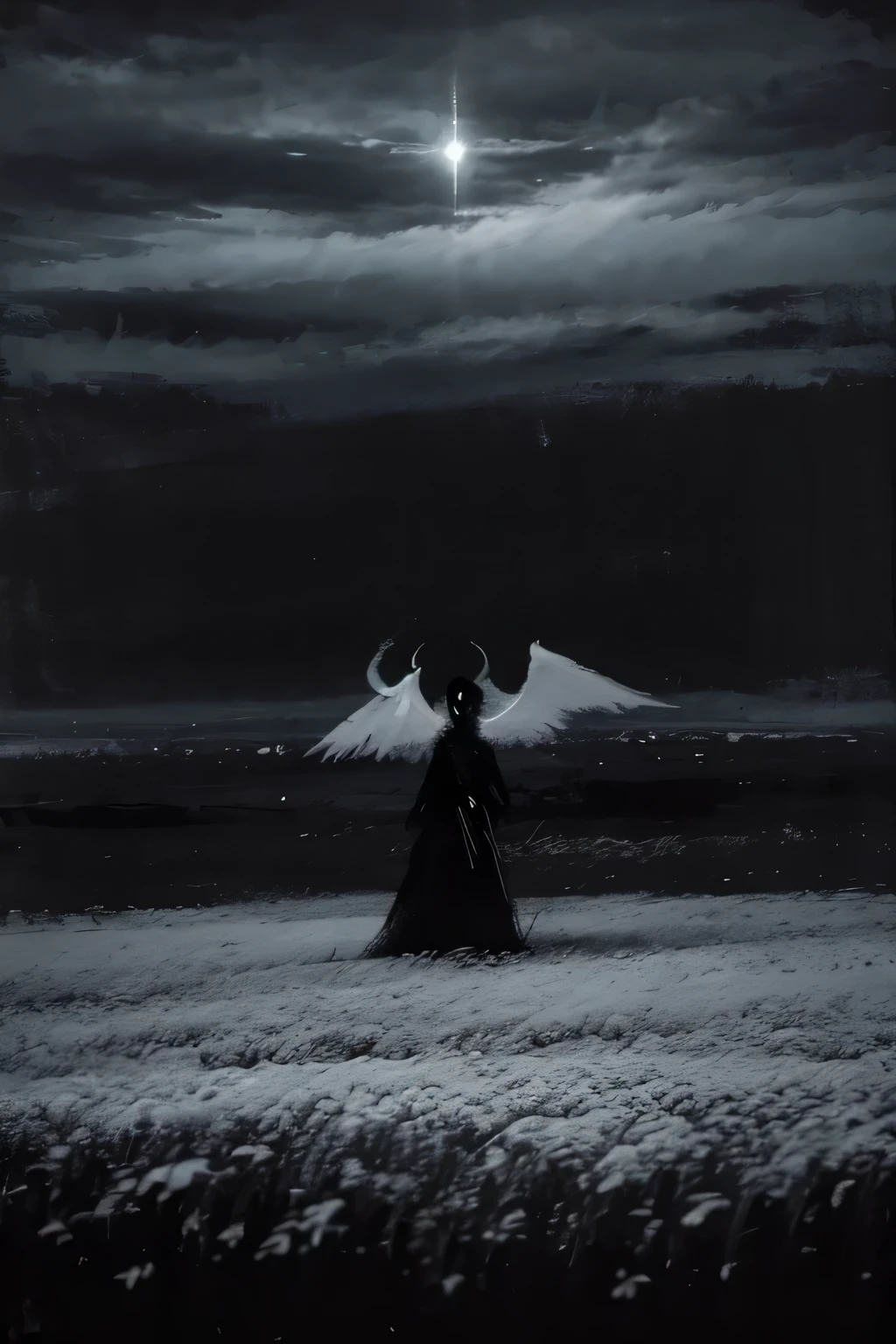 Create an image in dark, moody colors, depicting a distant figure in white with long white wings in a field among flowers. The background should be dark and atmospheric, with low clouds and dim lighting. Pay attention to the details of the wings and overall composition to convey a sense of mysticism and dark beauty.  (masterpiece, best quality, high quality, highres), dark, sun, winter, monster, field of grass,oil painting