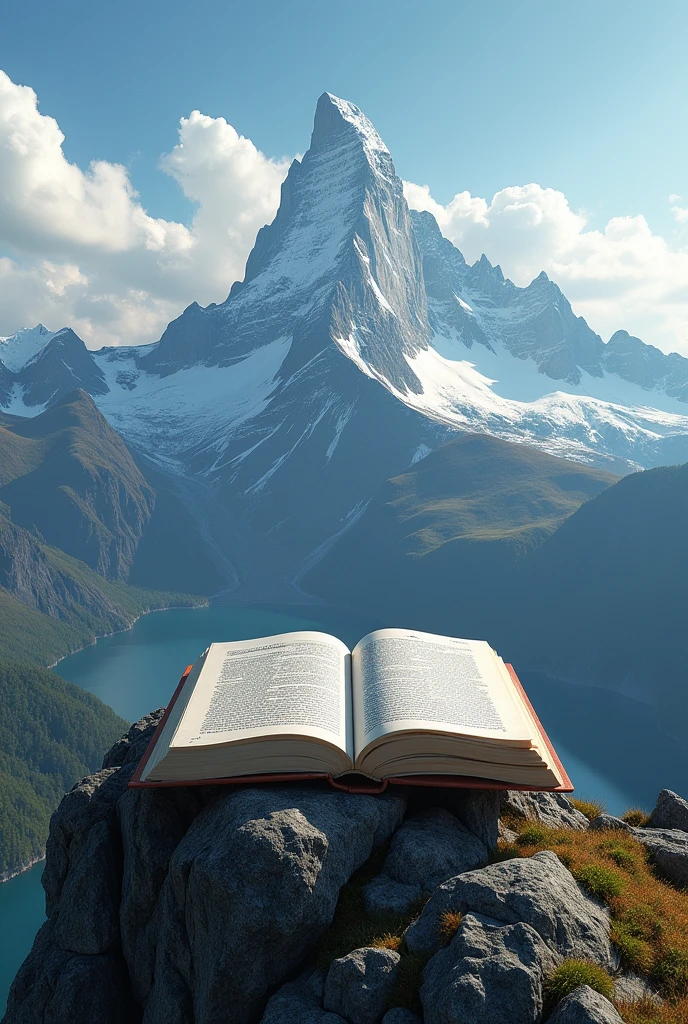 generate me an image of a mountain in which, At the top is a book

