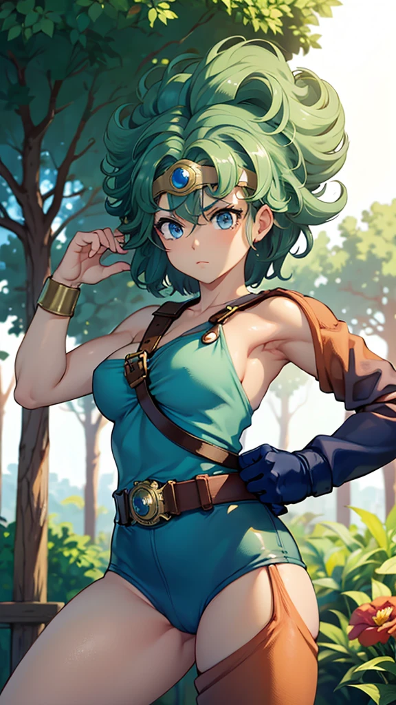 （（（ＳＦＷ、sound、Highest quality、Top notch work、Normal body、、Detailed face、Ultra-precision、Normal hand、のrefer、５refer、Highest）））、beautiful girl、Green Hair、yamato nadeshiko、Small breasts、Shortcuts、Blue leotard、Muscular、Black paleo skirt、Red Cape、Circlet、Dragon Quest、Female Heroes、 Fight、Fight準備完了、Sweep with a sword、Please put your hands together in front of you.、Place your hands behind your back、Please put your hands on your hips、cover your chest with your hands、((Executed perfectly:Frame yourself from head to toe,Standing posture,Draws in great detail、There is no anatomical problem))、forest