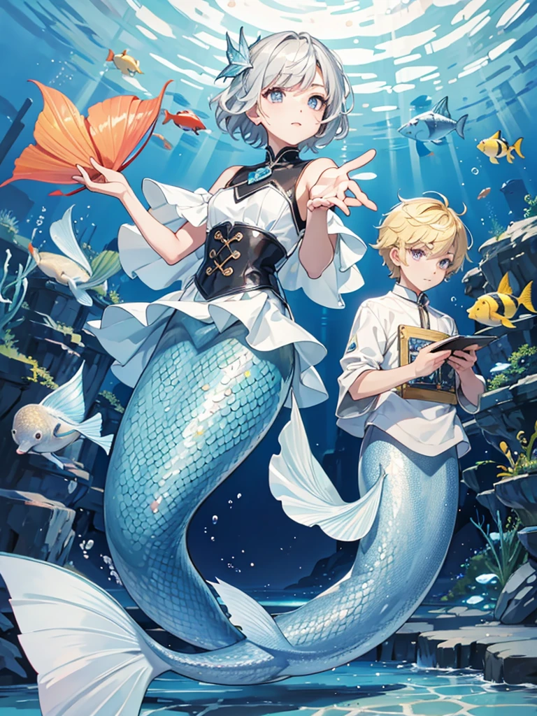 Boys, Short hairstyle, blond, silver eyes, Fish scales on hands, Mermaid, high quality