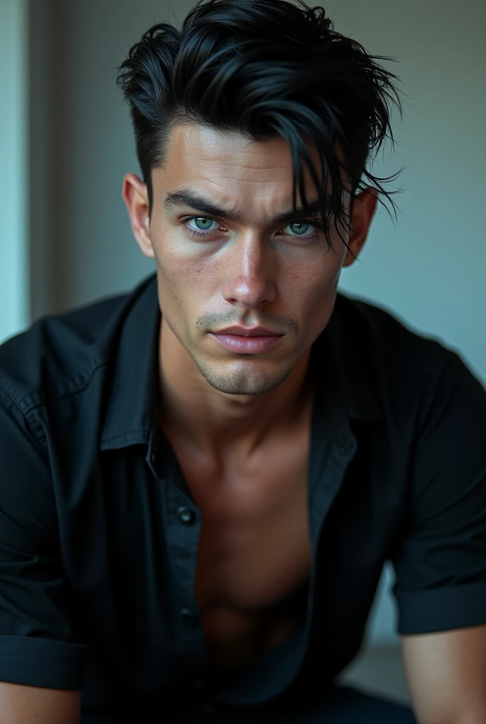 He looked relatively young with ice blue eyes, who looked at me intensely. His black styled hair, the broad body, the black shirt with two open buttons at the top and rolled up sleeves gave him an attractive, but also dangerous appearance. A striking face, which was characterized by a certain coldness, suggested, that this man was not easy to understand. His gaze was piercing, and his grin revealed a certain self-confidence, that caught my attention. No beard and very very hot and dominant