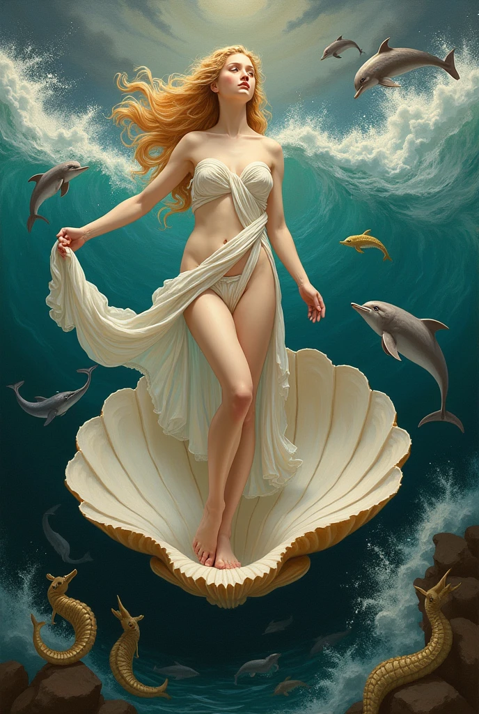 Draw an enchanting scene of the Goddess Aphrodite emerging from the sea waves, symbolizing his birth. Aphrodite should be portrayed as an ethereal figure, with flowing golden hair and a serene countenance. Ao redor dela, Include sea shells and floating flowers to emphasize your connection to beauty and love. The water should be crystal clear and sparkling, reflecting the blue sky and creating a magical light effect. Use soft, pastel tones to create an atmosphere of grace and harmony.