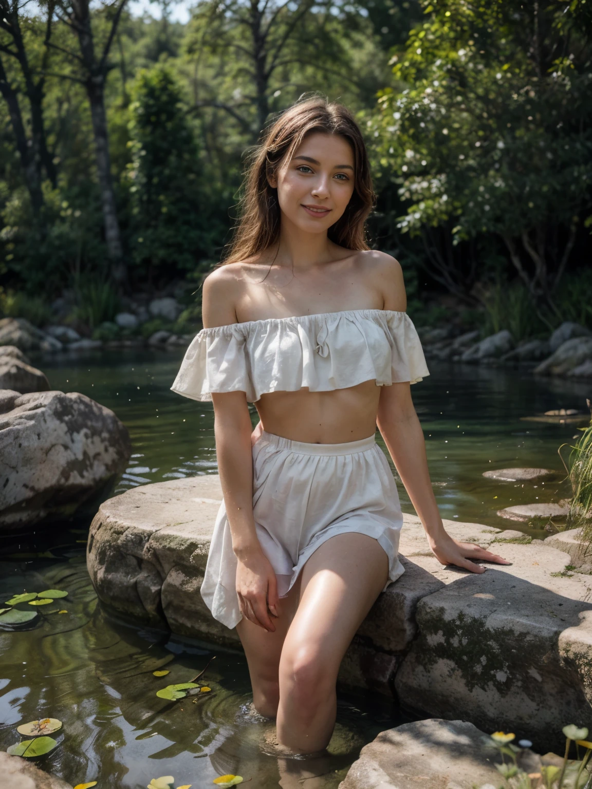 A portrait of a blond, slender, slightly smiling, seductive woman in a happy mood. She stands close to the camera, savoring the view across a serene lake on the north coast of Mallorca. Her curly blond hair, tousled by a gentle breeze, frames her face, accentuating her blue eyes and radiant smile. She wears only an off-shoulder white transparent silk blouse with colorful flower prints, its delicate fabric draping softly over her sun-kissed body. She complements her look with white summer heels, adding a touch of elegance to her graceful and alluring stance. The scene unfolds on a hot summer day, with high contrast between the bright sunlight and the cool shadows cast by the large stones scattered around the lakeside. The sun sparkles on the water's surface, creating a dazzling display of light. Natural stones along the shore add to the beauty and safety of the area, while vibrant wildflowers bloom between the rocks, splashing the landscape with vivid colors. The lush vegetation surrounding the lake thrives, vibrant and green, following a recent rainfall. In the distance, the wild forest adds a sense of untouched wilderness. Koi fish glide near the shore, seeking shade under the rocks. The interplay of sunlight, shadows, and a gentle breeze creates a peaceful and visually striking scene, capturing the woman's enjoyment of the pristine beauty of the Mallorcan wilderness. Goldfish, water lilies, dragonflies, moss-covered rocks, cattails, willow tree, blooming wildflowers, daisies, butterfly, pebble path, wild grasses, ferns, reeds, lily pads, tall pine trees, maple trees, spruce trees, birch trees, fallen leaves, mushrooms, wild berries, mossy logs, clover patches, bees, birds, squirrels, chipmunks, rabbits, deer, wild ducks, turtles, herons, hawks, eagles, otters, frogs, salamanders, fresh water springs, natural rock formations, forest underbrush, forest canopy, fallen branches, tree stumps, wildflowers in bloom. pussy public hair, hard nipples