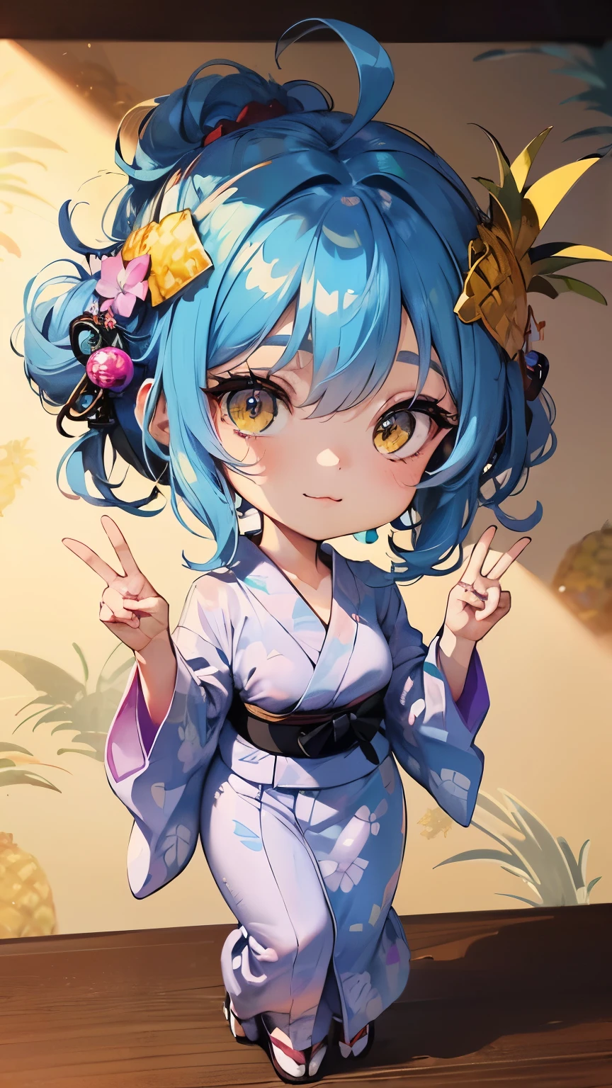 (Chibi animation、One Chibi、masterpiece、Drawn with thick colored pencils:1.2)、(Chibi Body、Small face、Cute all over、Light blue hair color, Short chignon hair:1.4),(Highly detailed eyes、Golden Eyes、Breast enlargement、Gloss Lip、 :3, Ahoge, Carefully drawn fingertips、peace sign、Very thin legs:1.3)、(Pineapple Wallpaper、Big fresh pineapple:1.5)、(Chibi Girl、hair ornaments、Rainbow Yukata:1.5),(The wind is blowing、Pineapple Tower、A miracle photo、8k、Ultra HD Photos、Highly detailed art gems:1.4)