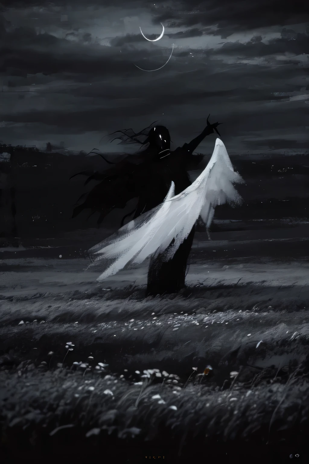 Create an image in dark, moody colors, depicting a distant figure in white with long white wings in a field among flowers. The background should be dark and atmospheric, with low clouds and dim lighting. Pay attention to the details of the wings and overall composition to convey a sense of mysticism and dark beauty.  (masterpiece, best quality, high quality, highres), dark, sun, winter, monster, field of grass,oil painting