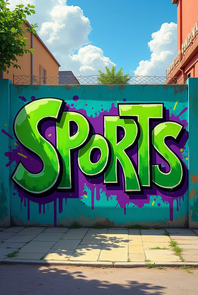  street graffiti with the colors green and purple writing RJ Sports, in some suburb background,some really dirty art, RJ SPORTS somewhere in RIO DE JANEIRO