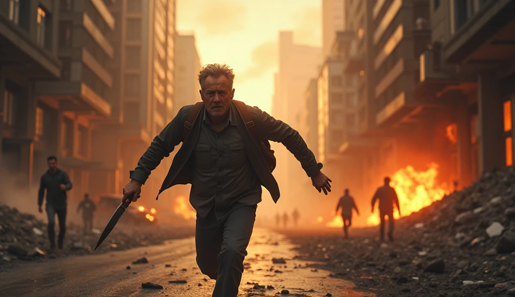 Make the same man fleeing a city that is in chaos because of the Apocalypse(he is at the beginning of the Apocalypse)knife him running away with his backpack 