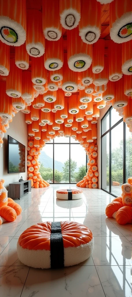 "A surreal and whimsical indoor living space where the walls, ceiling, and floor are adorned with oversized, hyper-realistic sushi rolls. The walls are lined with rows of sushi rolls made from materials resembling salmon, cucumber, avocado, and rice, creating a tunnel-like effect. The ceiling features cascading patterns of sushi rolls that hang down, adding a vibrant and immersive feel to the room. The floor is covered with glossy marble tiles, and large sushi roll ottomans or cushions are placed in the center of the room. A television is mounted on one wall, displaying an image that complements the sushi theme, and natural light streams in through large windows, illuminating the playful and imaginative decor of the space