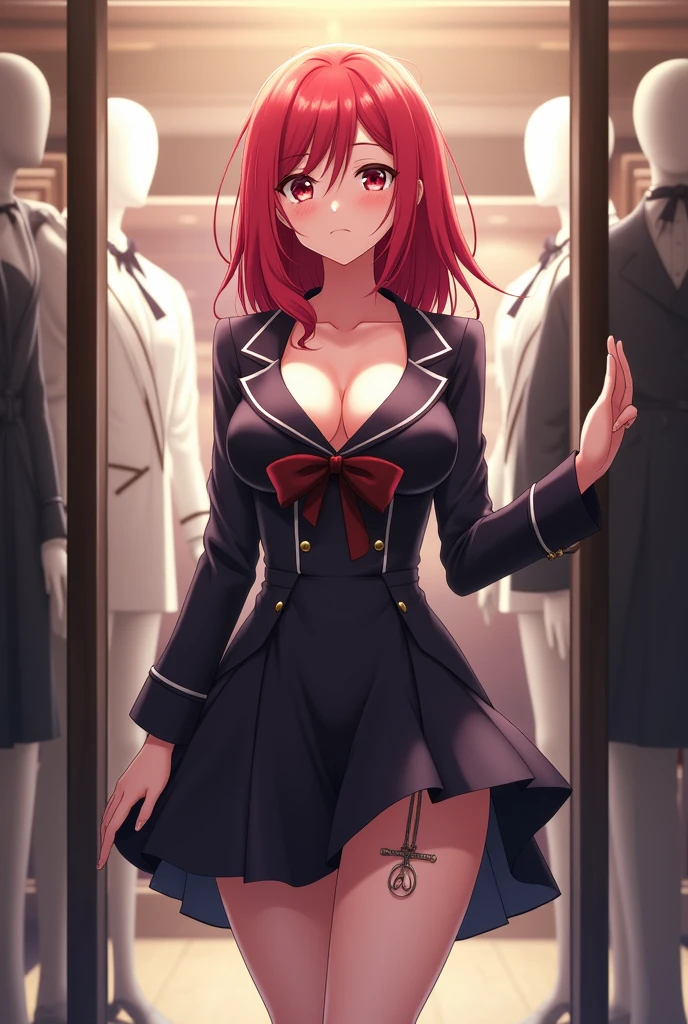 Stella Vermilion from Rakudai Kishi in her iconic under bust school uniform. She is standing on a one bar prison in her pussy. Her skirt hides the one bar prison disappearing into her pussy. She is standing in a clothing shop as if she is a mannequin.