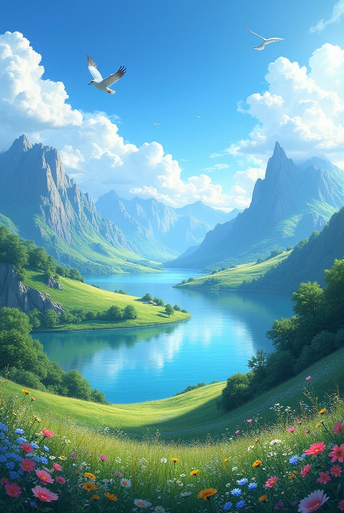 Describe a breathtaking natural landscape in exquisite detail, capturing its serene beauty and harmonious elements. Focus on the interplay between the sky, water, vegetation, and wildlife. Illustrate how these elements blend seamlessly to evoke a profound sense of tranquility and wonder. Paint a vivid picture that highlights the pristine and unspoiled splendor of nature in its most captivating form."