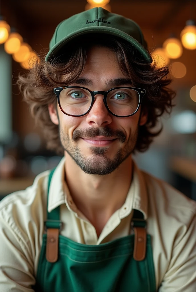 beautiful man wearing baseball cap, curly brown hair with white streaks on the back of his head, bisexual, barista, green apron, glasses, curled mustache, caucasian, blue eyes