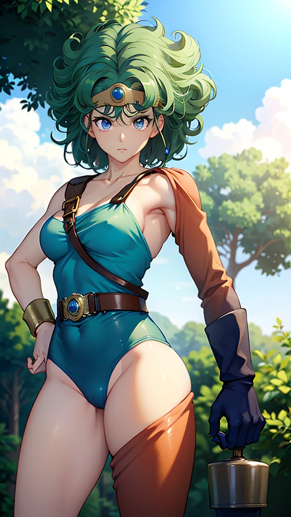 （（（ＳＦＷ、sound、Highest quality、Top notch work、Normal body、、Detailed face、Ultra-precision、Normal hand、のrefer、５refer、Highest）））、beautiful girl、Green Hair、yamato nadeshiko、Small breasts、Shortcuts、Blue leotard、Muscular、Black paleo skirt、Red Cape、Circlet、Dragon Quest、Female Heroes、 Fight、Fight準備完了、Sweep with a sword、Please put your hands together in front of you.、Place your hands behind your back、Please put your hands on your hips、cover your chest with your hands、((Executed perfectly:Frame yourself from head to toe,Standing posture,Draws in great detail、There is no anatomical problem))、forest