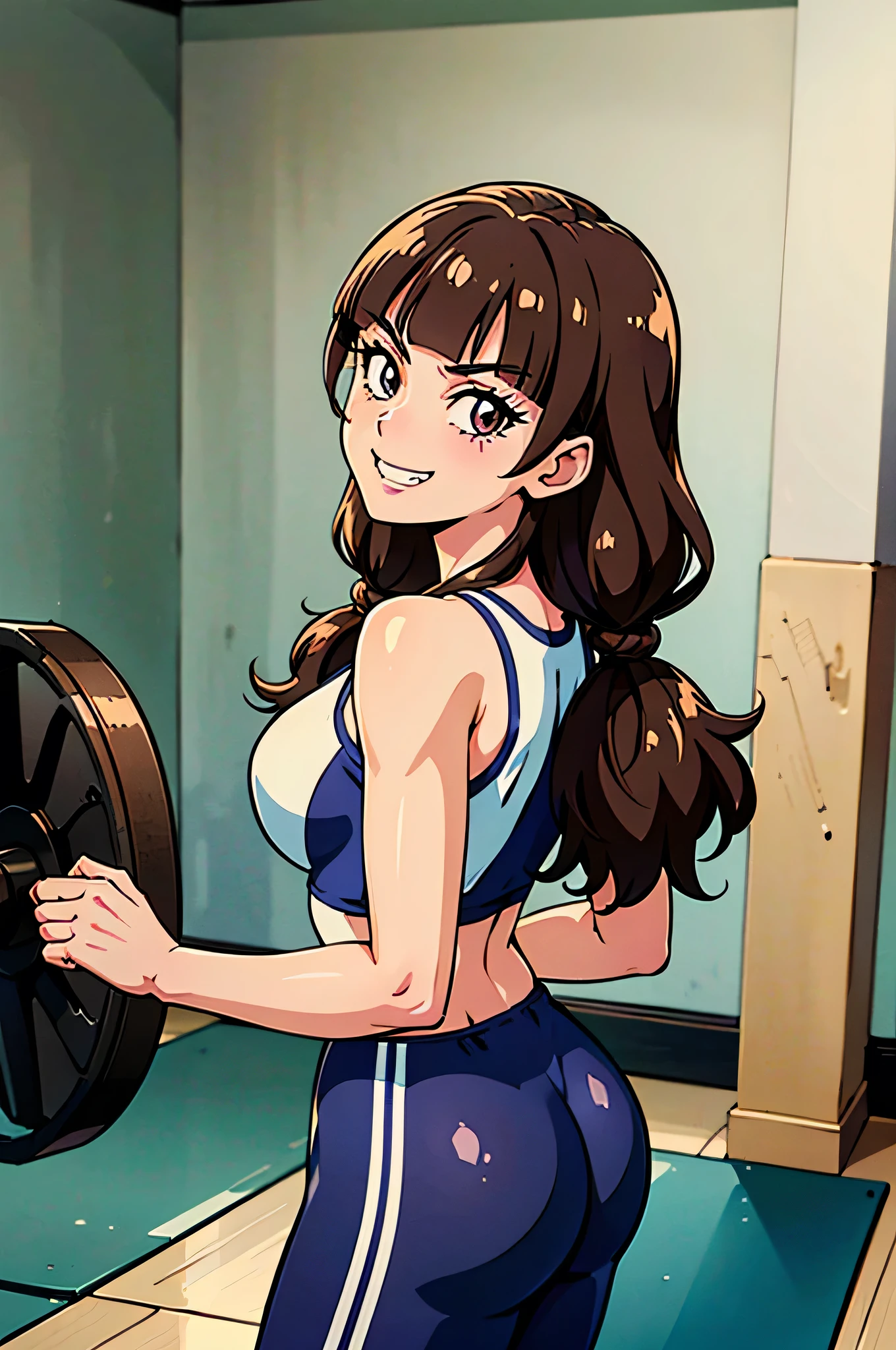 1 girl, (solo), ((amanogawaki)), best quality, highres, high quality, 8k, HD, super detail, anatomically correct, UHD, accurate, (masterpiece:1.0), (high quality:1.0), (ultra detailed), ((Adult:1.2)), Looking at viewer, (smug grin), wearing gym_outfit, inside gym, back view, taking a selfie