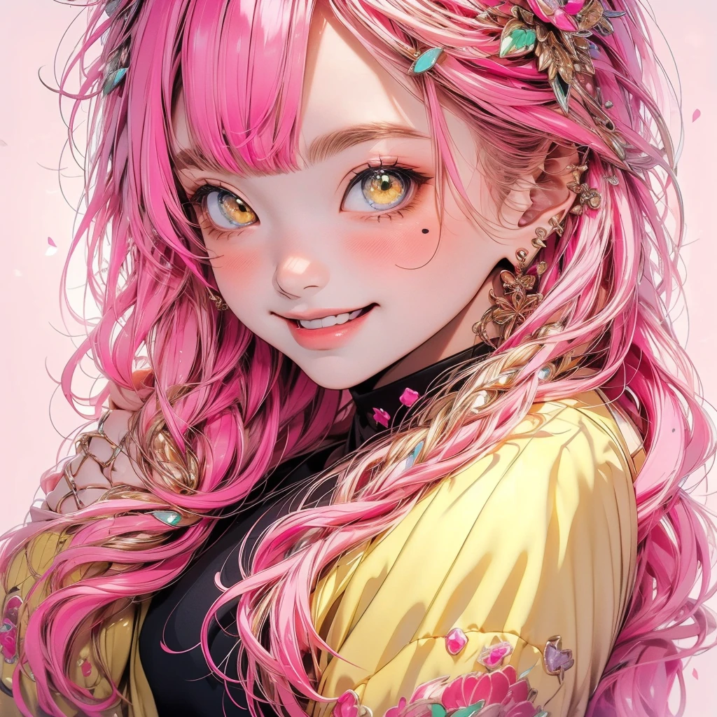 masterpiece, 1girl, looking at viewer, beautiful eyes, 3d face, lustrous skin, close-up, (straight on:1.2), face focus, (arms behind back:1.2), simple background, solo, smile, face, <lora:arknightsGoldenglow_v10:0.8>,upper body, braid, headband, pink hair,golden eyes, open coat, blue coat, bangs,animal ears,
