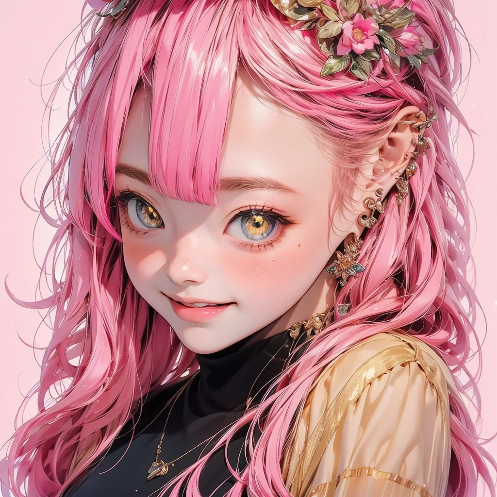 a full-body portrait of beautiful female anime character, in the style of light gold and pink, intricate details, 8k uhd, long hair, pink hair, jewelry, bangs, hair ornament, earrings, yellow eyes, long sleeves, shiny, blush, leotard, smile