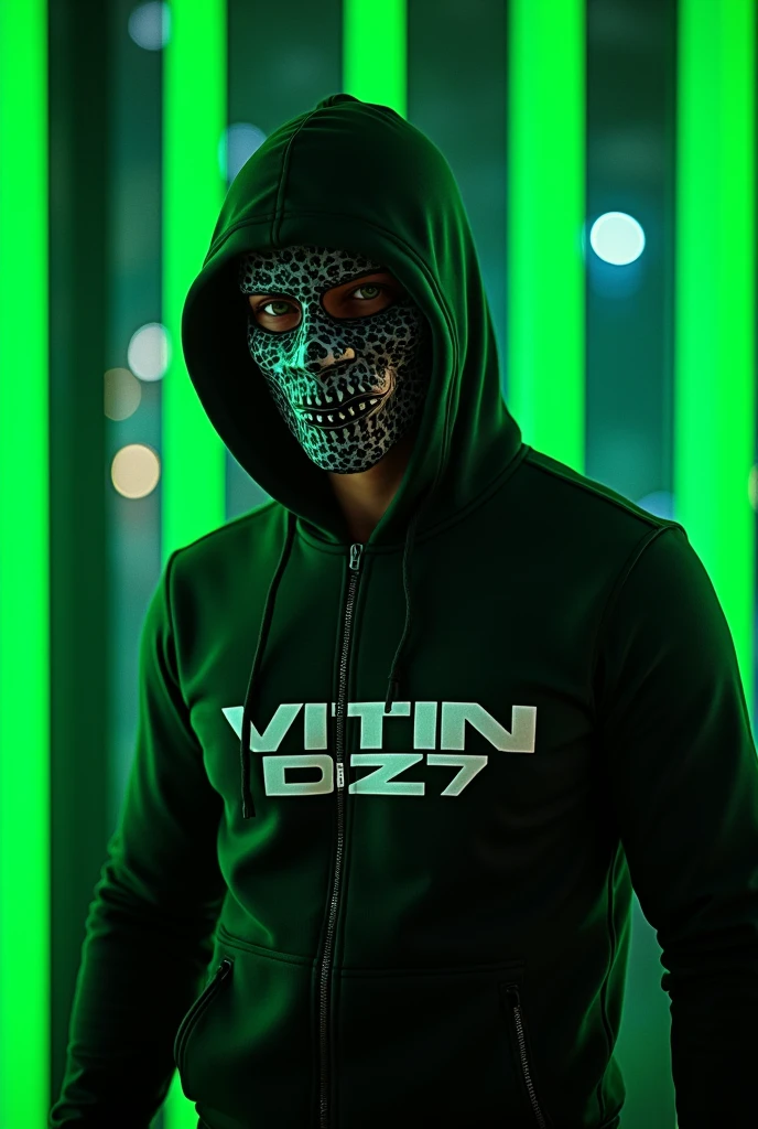 create an image of a GTA gamer character with the VITIN DZ7 logo in the middle of the image with green striped backgrounds put a mask on the character 