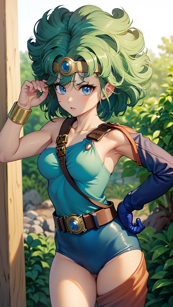 （（（ＳＦＷ、sound、Highest quality、Top notch work、Normal body、、Detailed face、Ultra-precision、Normal hand、のrefer、５refer、Highest）））、beautiful girl、Green Hair、yamato nadeshiko、Small breasts、Shortcuts、Blue leotard、Muscular、Black paleo skirt、Red Cape、Circlet、Dragon Quest、Female Heroes、 Fight、Fight準備完了、Sweep with a sword、Please put your hands together in front of you.、Place your hands behind your back、Please put your hands on your hips、cover your chest with your hands、((Executed perfectly:Frame yourself from head to toe,Standing posture,Draws in great detail、There is no anatomical problem))、forest