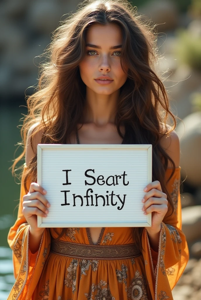 Beautiful girl with wavy long hair, bohemian dress, holding a white board with text "I Love Seaart Infinity" and showing it to the viewer