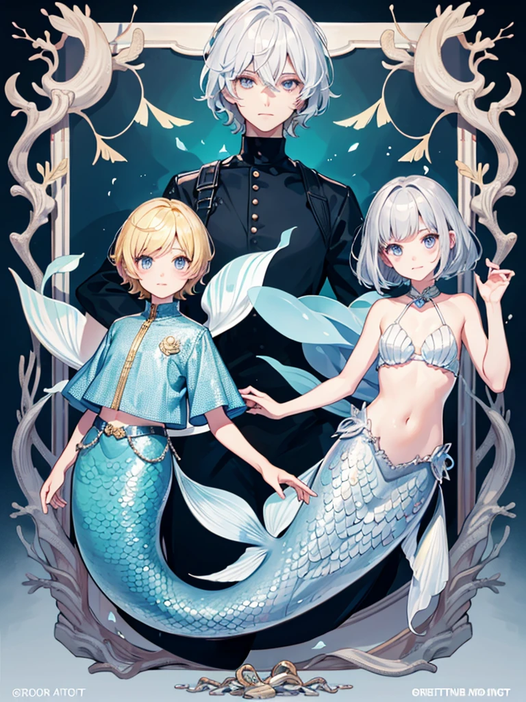 Boys, Short hairstyle, blond, silver eyes, Fish scales on hands, Mermaid, high quality