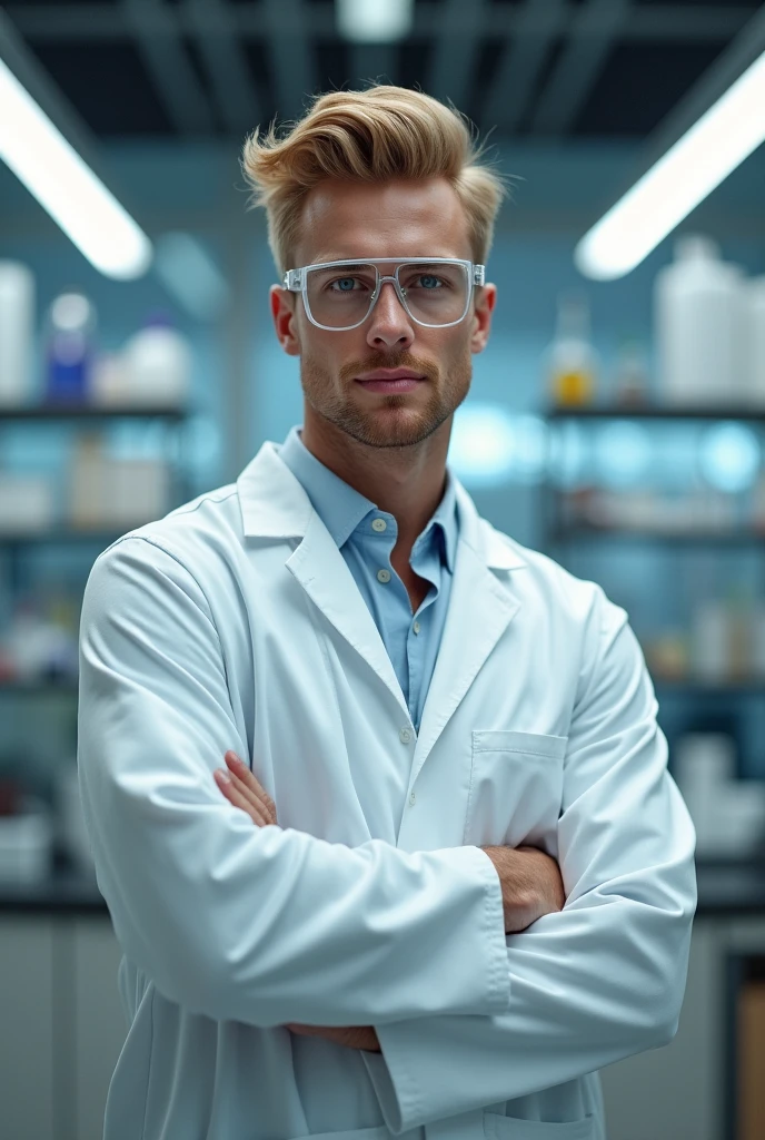 Handsome blond man in white lab coat in scientist style