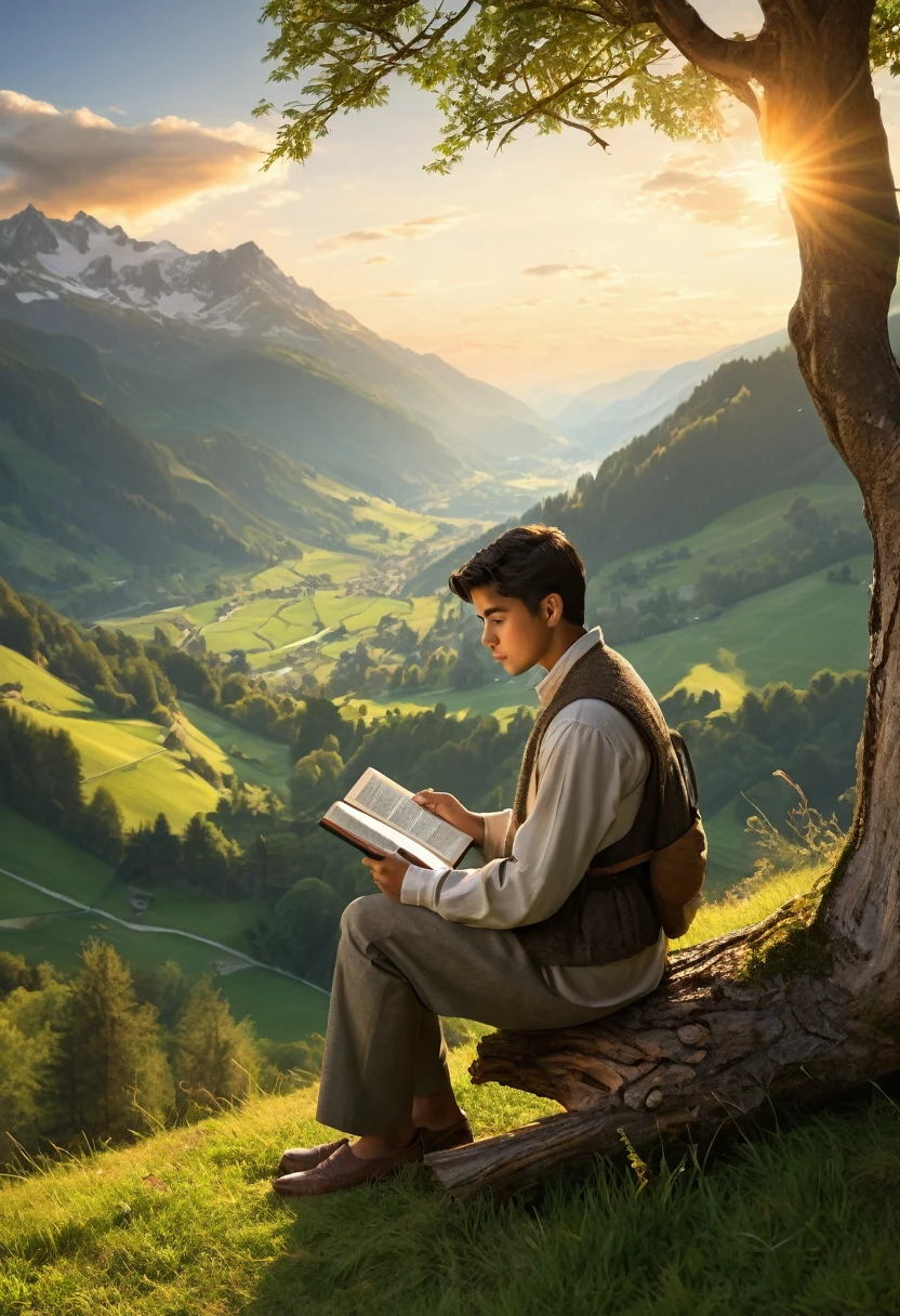 [Core Concept] A serene, contemplative scene of a young Latino man in a picturesque Swiss mountain landscape.

[Character Description] The 17-year-old protagonist has caramel-colored skin and short hair, dressed in classic attire as he sits contentedly on a tree trunk, reading from a Bible.

[Environment/Background] The scene is set in the Swiss mountains, with a lush valley below and a radiant sunset casting a warm glow over the tranquil landscape.

[Style and Atmosphere] The overall atmosphere is one of peaceful introspection, with the young man's thoughtful expression and the serene natural surroundings creating a sense of calm and reflection.

[Composition] The image is captured from the side, highlighting the protagonist's profile as he engages with the holy text, while the magnificent mountain vista forms the backdrop.

[Details and Embellishments] The scene is highly detailed, with the young man's features and expressions rendered with meticulous care, and the natural elements, such as the tree, the valley, and the sunset, depicted with vivid realism.

[Technical Specifications] The image should be of the highest quality, with no errors or imperfections, presenting a photorealistic depiction of the described scene.
