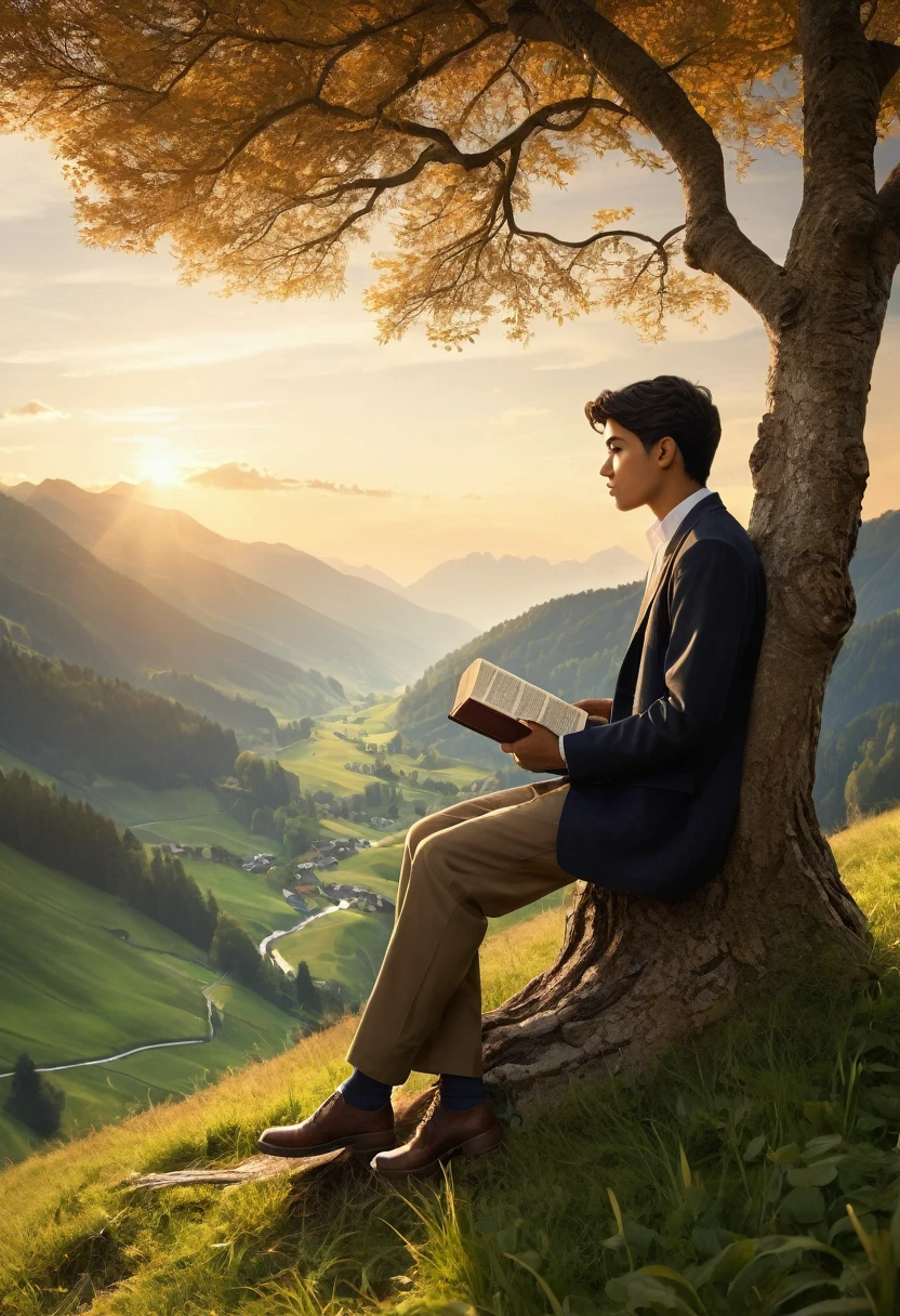 [Core Concept] A serene, contemplative scene of a young Latino man in a picturesque Swiss mountain landscape.

[Character Description] The 17-year-old protagonist has caramel-colored skin and short hair, dressed in classic attire as he sits contentedly on a tree trunk, reading from a Bible.

[Environment/Background] The scene is set in the Swiss mountains, with a lush valley below and a radiant sunset casting a warm glow over the tranquil landscape.

[Style and Atmosphere] The overall atmosphere is one of peaceful introspection, with the young man's thoughtful expression and the serene natural surroundings creating a sense of calm and reflection.

[Composition] The image is captured from the side, highlighting the protagonist's profile as he engages with the holy text, while the magnificent mountain vista forms the backdrop.

[Details and Embellishments] The scene is highly detailed, with the young man's features and expressions rendered with meticulous care, and the natural elements, such as the tree, the valley, and the sunset, depicted with vivid realism.

[Technical Specifications] The image should be of the highest quality, with no errors or imperfections, presenting a photorealistic depiction of the described scene.