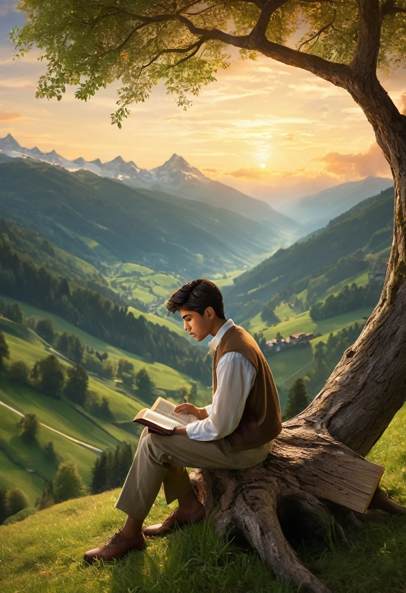 [Core Concept] A serene, contemplative scene of a young Latino man in a picturesque Swiss mountain landscape.

[Character Description] The 17-year-old protagonist has caramel-colored skin and short hair, dressed in classic attire as he sits contentedly on a tree trunk, reading from a Bible.

[Environment/Background] The scene is set in the Swiss mountains, with a lush valley below and a radiant sunset casting a warm glow over the tranquil landscape.

[Style and Atmosphere] The overall atmosphere is one of peaceful introspection, with the young man's thoughtful expression and the serene natural surroundings creating a sense of calm and reflection.

[Composition] The image is captured from the side, highlighting the protagonist's profile as he engages with the holy text, while the magnificent mountain vista forms the backdrop.

[Details and Embellishments] The scene is highly detailed, with the young man's features and expressions rendered with meticulous care, and the natural elements, such as the tree, the valley, and the sunset, depicted with vivid realism.

[Technical Specifications] The image should be of the highest quality, with no errors or imperfections, presenting a photorealistic depiction of the described scene.