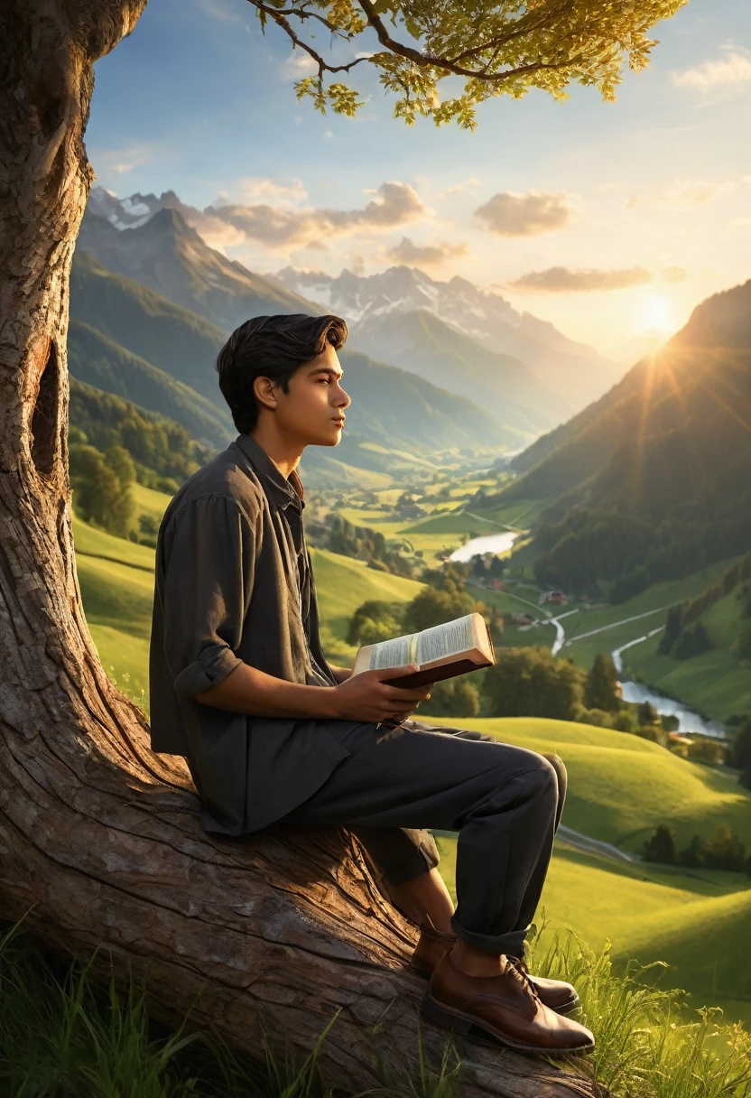 [Core Concept] A serene, contemplative scene of a young Latino man in a picturesque Swiss mountain landscape.

[Character Description] The 17-year-old protagonist has caramel-colored skin and short hair, dressed in classic attire as he sits contentedly on a tree trunk, reading from a Bible.

[Environment/Background] The scene is set in the Swiss mountains, with a lush valley below and a radiant sunset casting a warm glow over the tranquil landscape.

[Style and Atmosphere] The overall atmosphere is one of peaceful introspection, with the young man's thoughtful expression and the serene natural surroundings creating a sense of calm and reflection.

[Composition] The image is captured from the side, highlighting the protagonist's profile as he engages with the holy text, while the magnificent mountain vista forms the backdrop.

[Details and Embellishments] The scene is highly detailed, with the young man's features and expressions rendered with meticulous care, and the natural elements, such as the tree, the valley, and the sunset, depicted with vivid realism.

[Technical Specifications] The image should be of the highest quality, with no errors or imperfections, presenting a photorealistic depiction of the described scene.