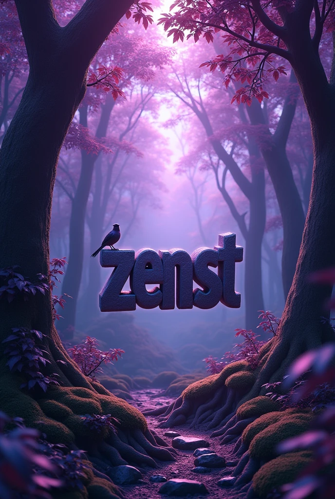 Foret avec des feuilles violettes foncé on ne voit pas le ciel la lumière est violettes au millieux il y a ecrit "zenst" en 3d en texture pierreil ya des racine de la mousse un oiseaux est pose  