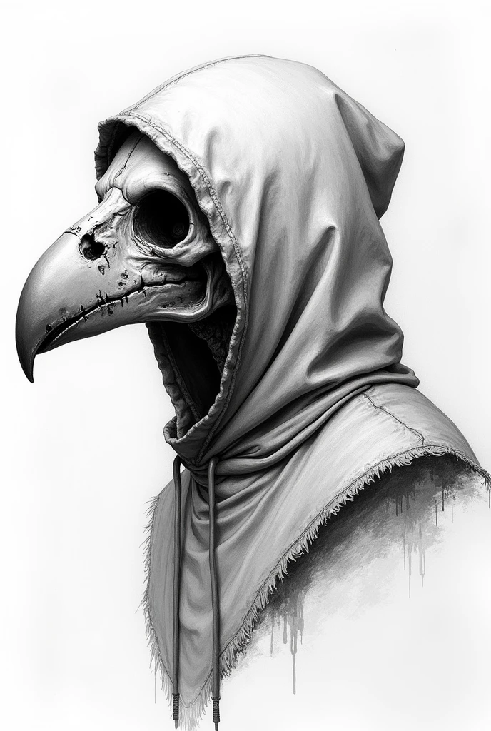 Person wearing bird skull with hood in a scary and realistic bust, lateral view, black and white drawing