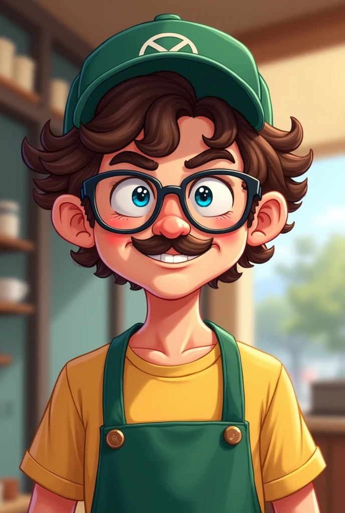 beautiful man wearing baseball cap, curly brown hair with white streaks on the back of his head, bisexual, barista, green apron, glasses, curled mustache, caucasian, blue eyes, cute cartoon