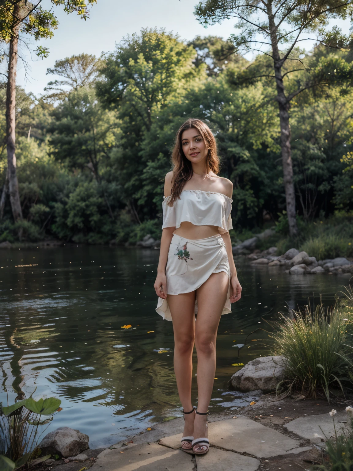A portrait of a blond, slender, slightly smiling, seductive woman in a happy mood. She stands close to the camera, savoring the view across a serene lake on the north coast of Mallorca. Her curly blond hair, tousled by a gentle breeze, frames her face, accentuating her blue eyes and radiant smile. She wears only an off-shoulder white transparent silk blouse with colorful flower prints, its delicate fabric draping softly over her sun-kissed body. She complements her look with white summer heels, adding a touch of elegance to her graceful and alluring stance. The scene unfolds on a hot summer day, with high contrast between the bright sunlight and the cool shadows cast by the large stones scattered around the lakeside. The sun sparkles on the water's surface, creating a dazzling display of light. Natural stones along the shore add to the beauty and safety of the area, while vibrant wildflowers bloom between the rocks, splashing the landscape with vivid colors. The lush vegetation surrounding the lake thrives, vibrant and green, following a recent rainfall. In the distance, the wild forest adds a sense of untouched wilderness. Koi fish glide near the shore, seeking shade under the rocks. The interplay of sunlight, shadows, and a gentle breeze creates a peaceful and visually striking scene, capturing the woman's enjoyment of the pristine beauty of the Mallorcan wilderness. Goldfish, water lilies, dragonflies, moss-covered rocks, cattails, willow tree, blooming wildflowers, daisies, butterfly, pebble path, wild grasses, ferns, reeds, lily pads, tall pine trees, maple trees, spruce trees, birch trees, fallen leaves, mushrooms, wild berries, mossy logs, clover patches, bees, birds, squirrels, chipmunks, rabbits, deer, wild ducks, turtles, herons, hawks, eagles, otters, frogs, salamanders, fresh water springs, natural rock formations, forest underbrush, forest canopy, fallen branches, tree stumps, wildflowers in bloom. pussy public hair, hard nipples