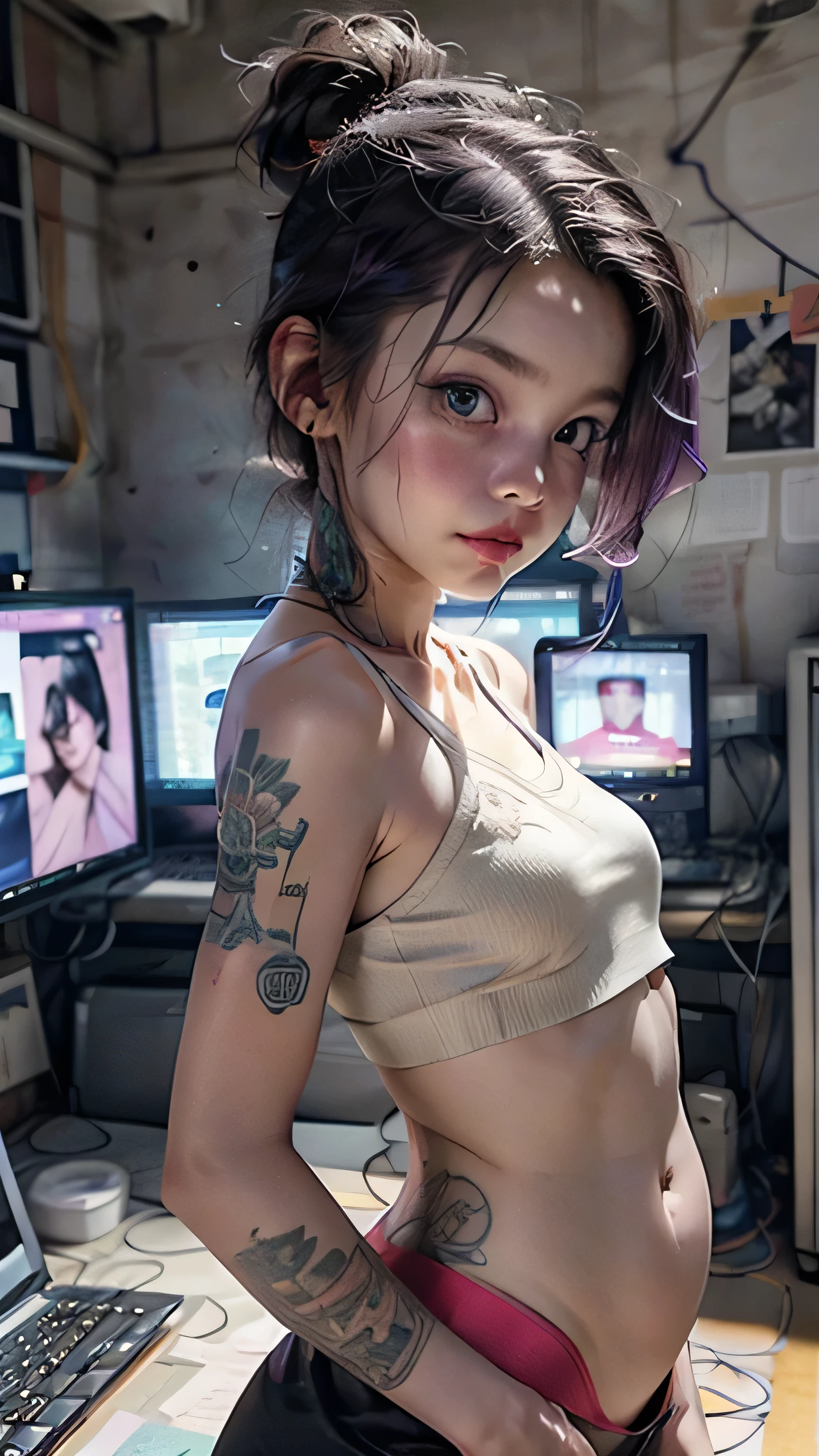 A hot cute young woman looking back in with a sexy look, standing in front of a wall of computers, intricate designs, Smokey room, covered in tattoos
(nsfw:0.55), ((flat chested, flat stomach, )), (intense colors), undercut purple hair with ponytail, cyberpunk background