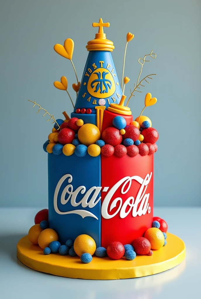 Make a picture of a one-story cake that is half Millonarios FC, the Colombian team, and half Coca-Cola.